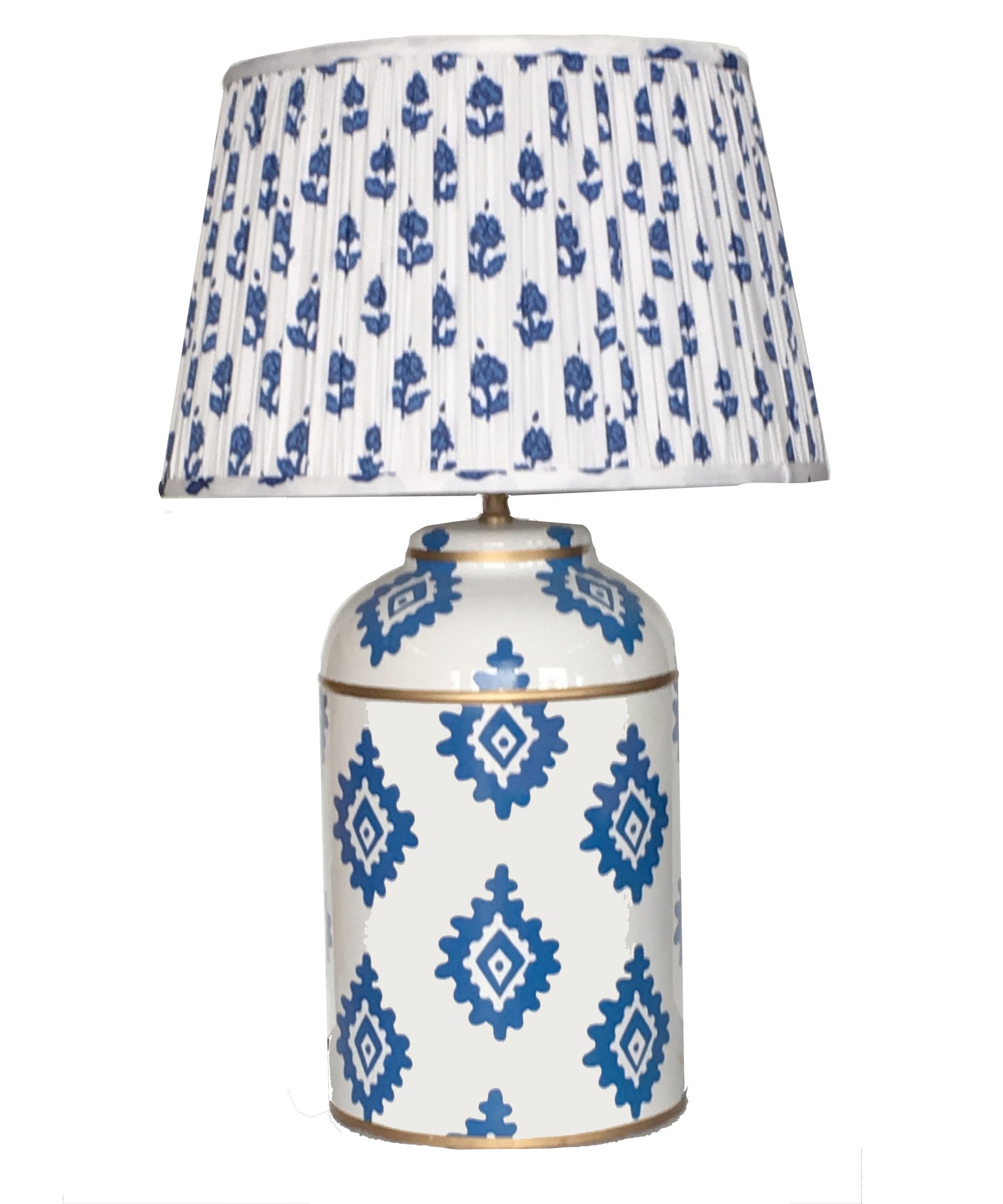 Dana Gibson Navy Block Print Tea Caddy Lamp with Pleated Blue Fleur Shade, 2ndQ
