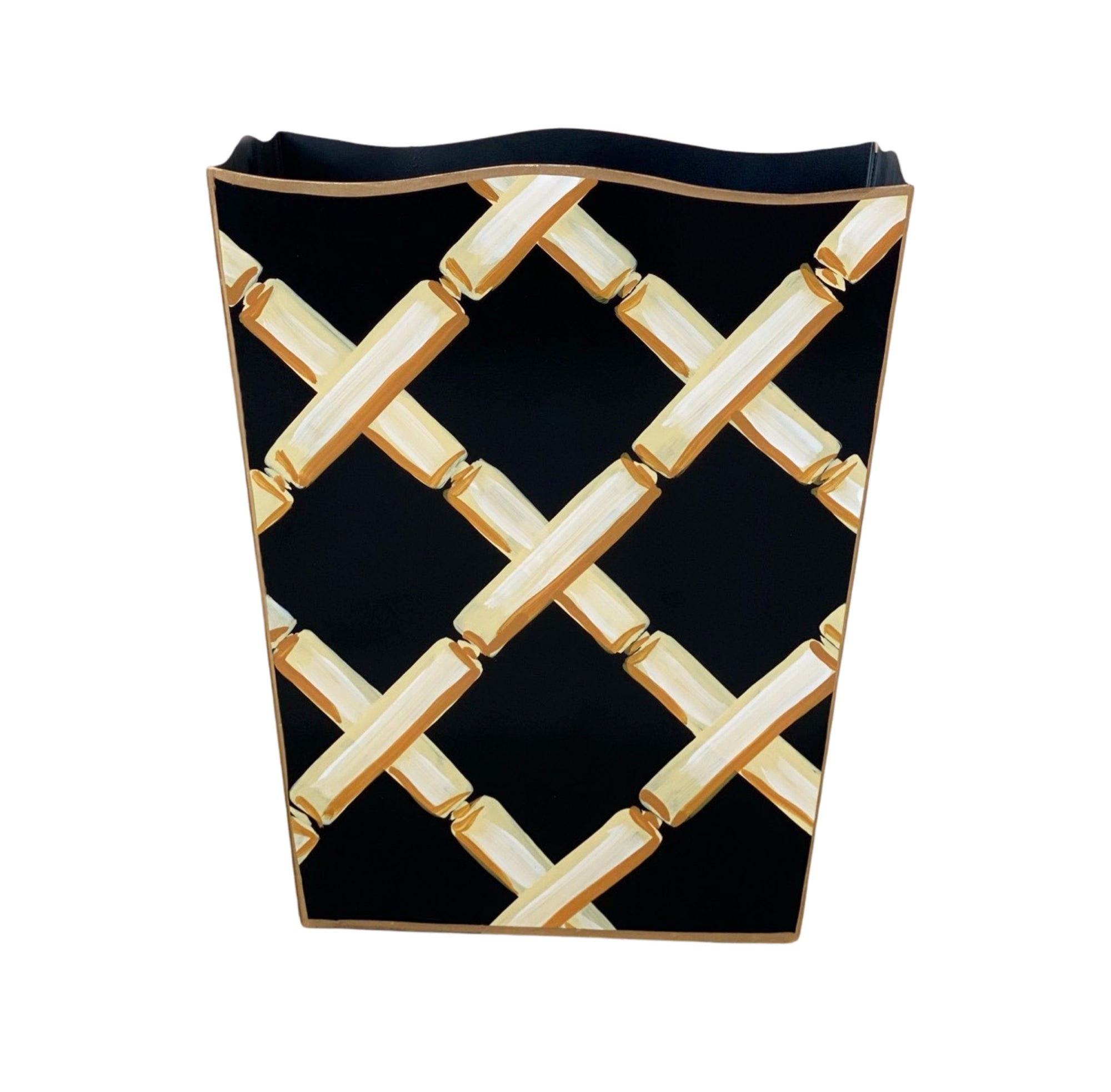 Cream Bamboo on Black Wastebasket