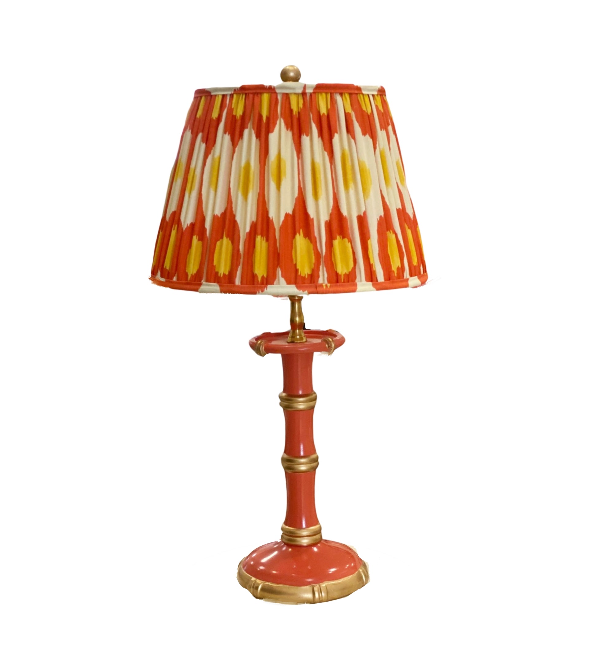Bamboo White Candle Stick Lamp in Coral with Ikat Shade