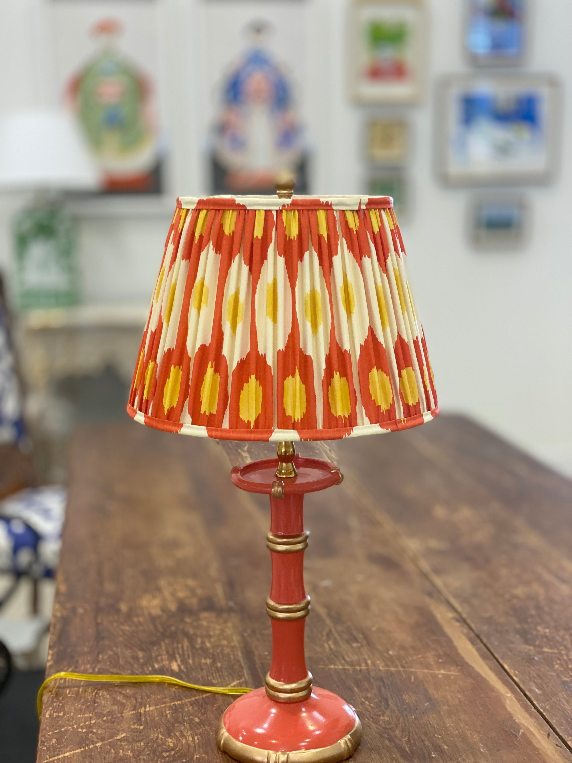 Bamboo White Candle Stick Lamp in Coral with Ikat Shade