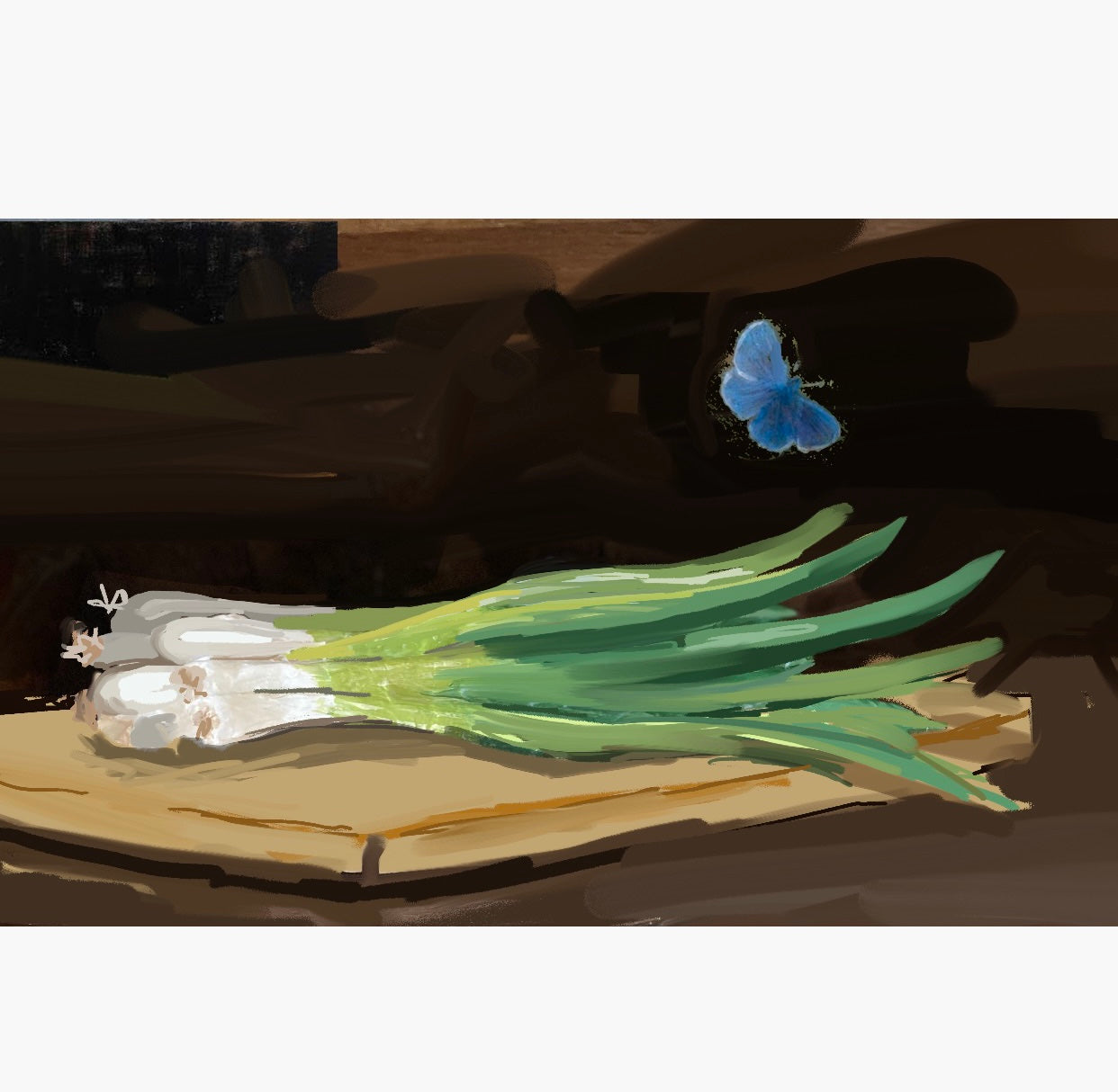 Dana Gibson Scallions with Blue Moth Oil Painting