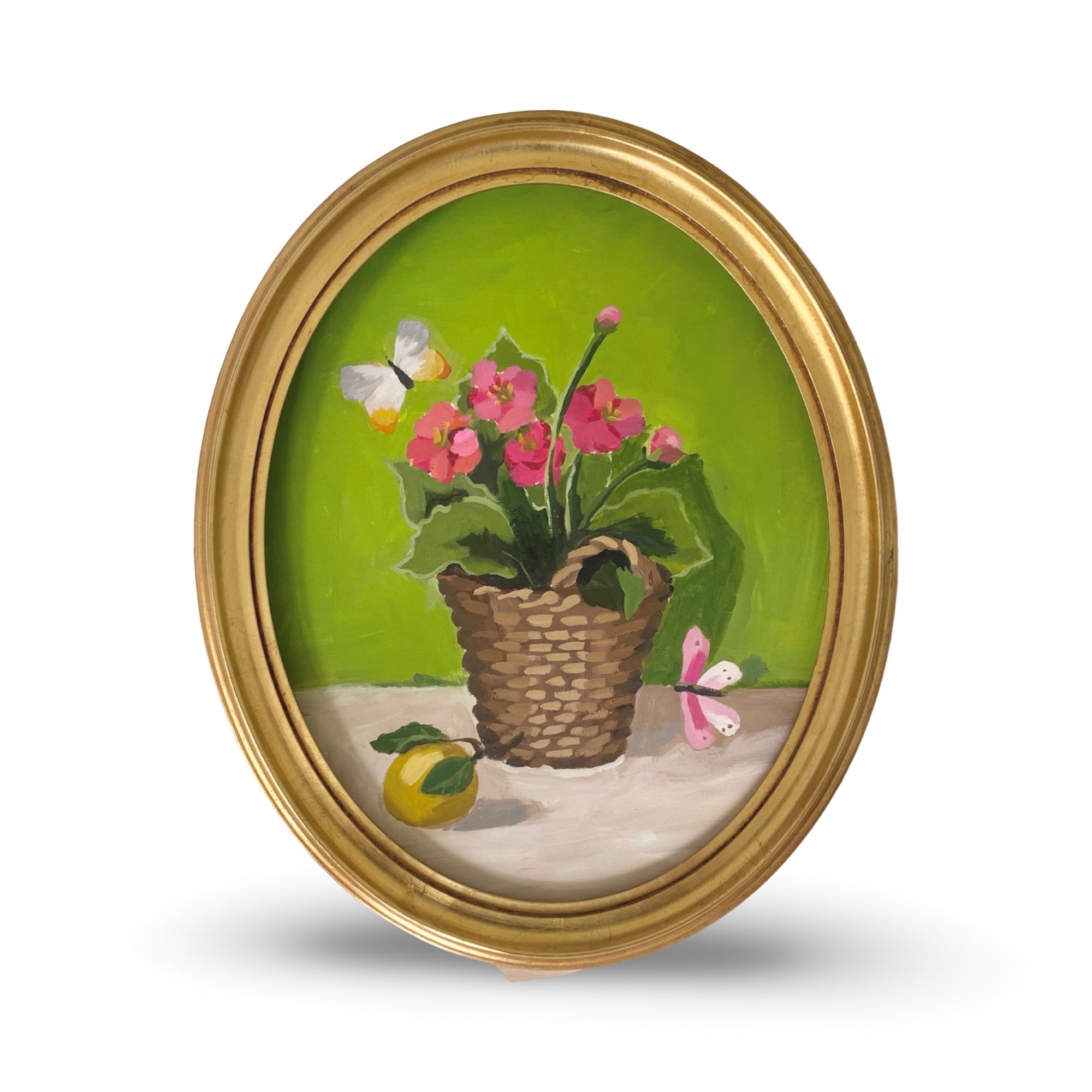 Dana Gibson Basket of Flowers and a Lemon on Green Ground, Framed
