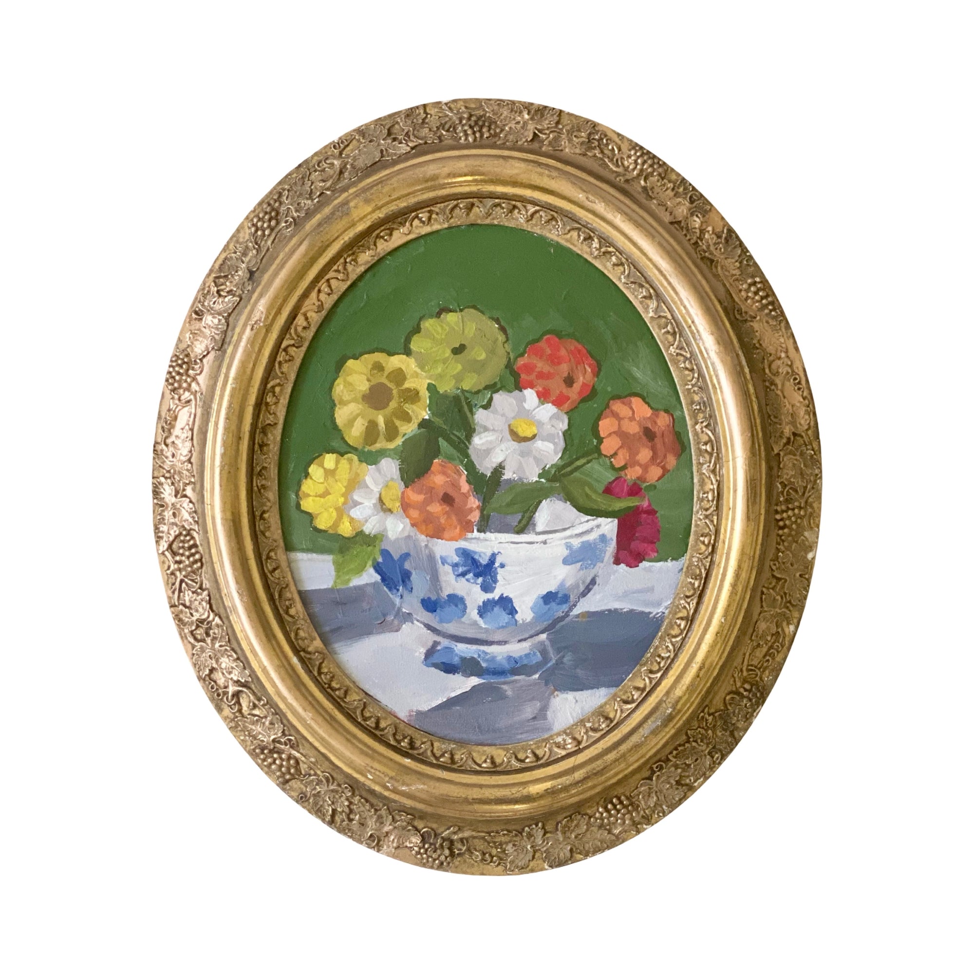 Dana Gibson Zinnias in Delft Bowl