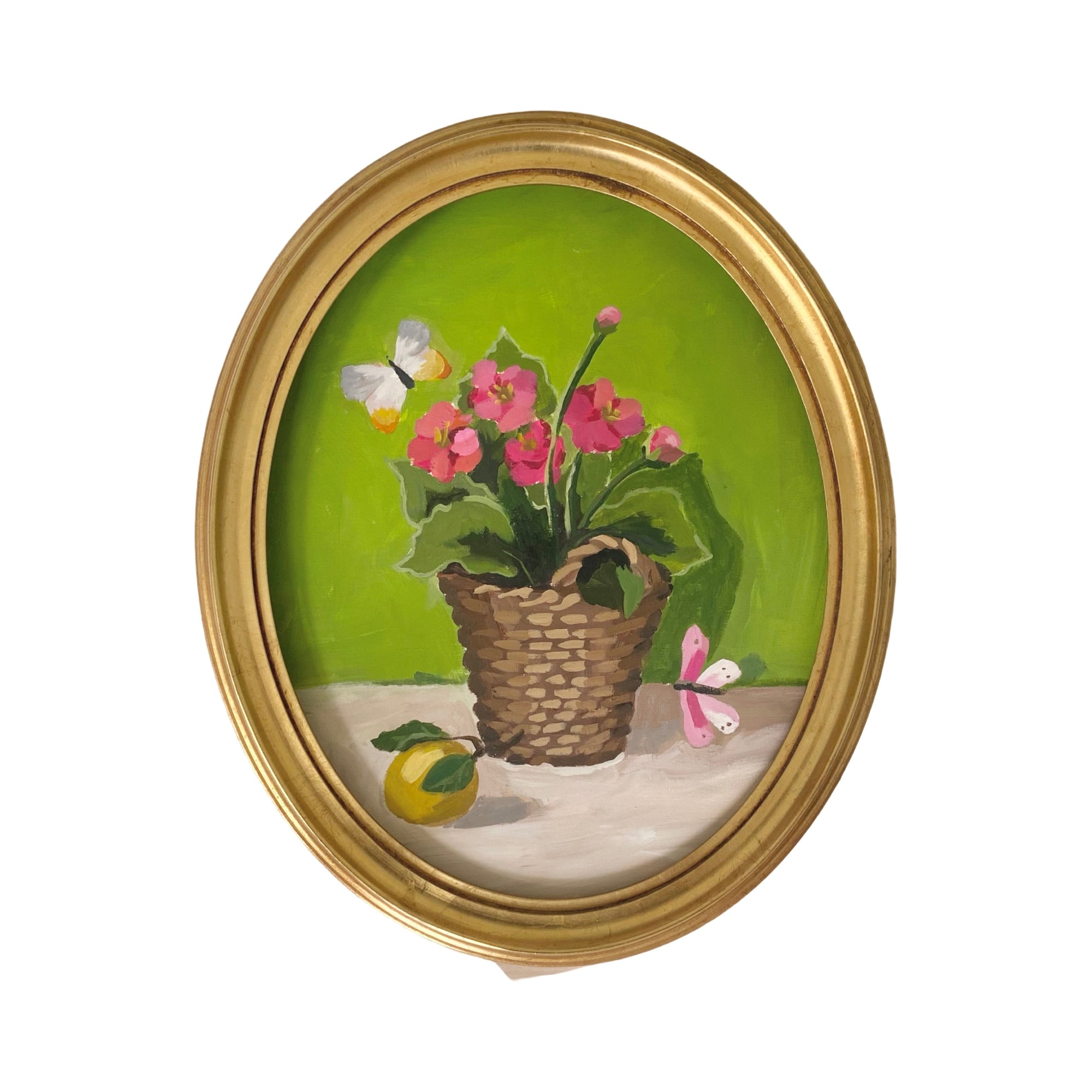 Dana Gibson Basket of Flowers and a Lemon on Green Ground, Framed