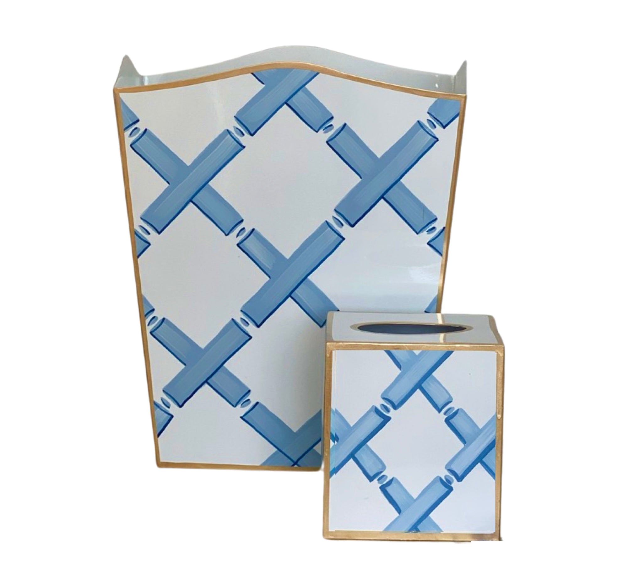 Dana Gibson Blue Lattice Wastebasket, Tissue Box