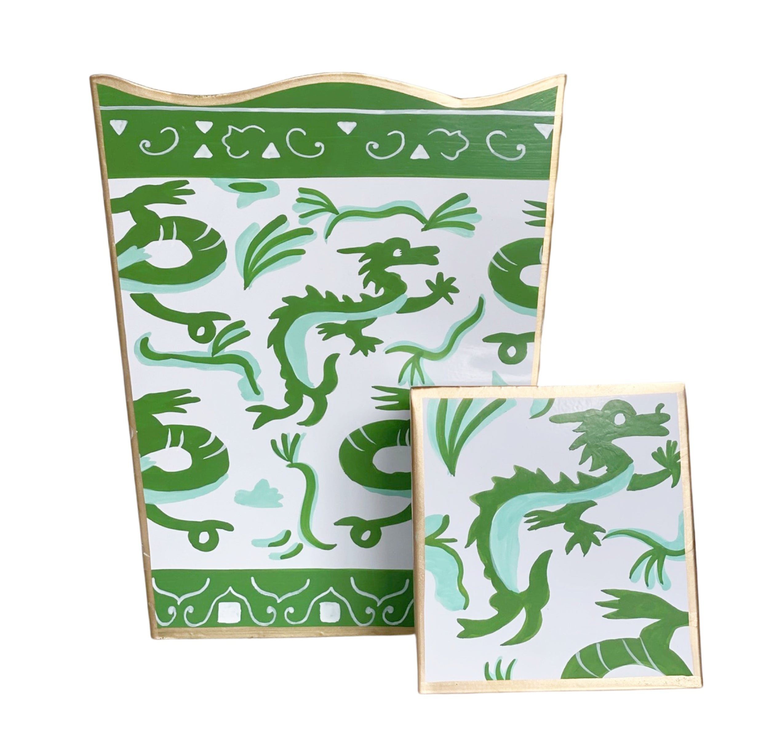 Dana Gibson Wastebasket in Green Dragon, Tissue Box