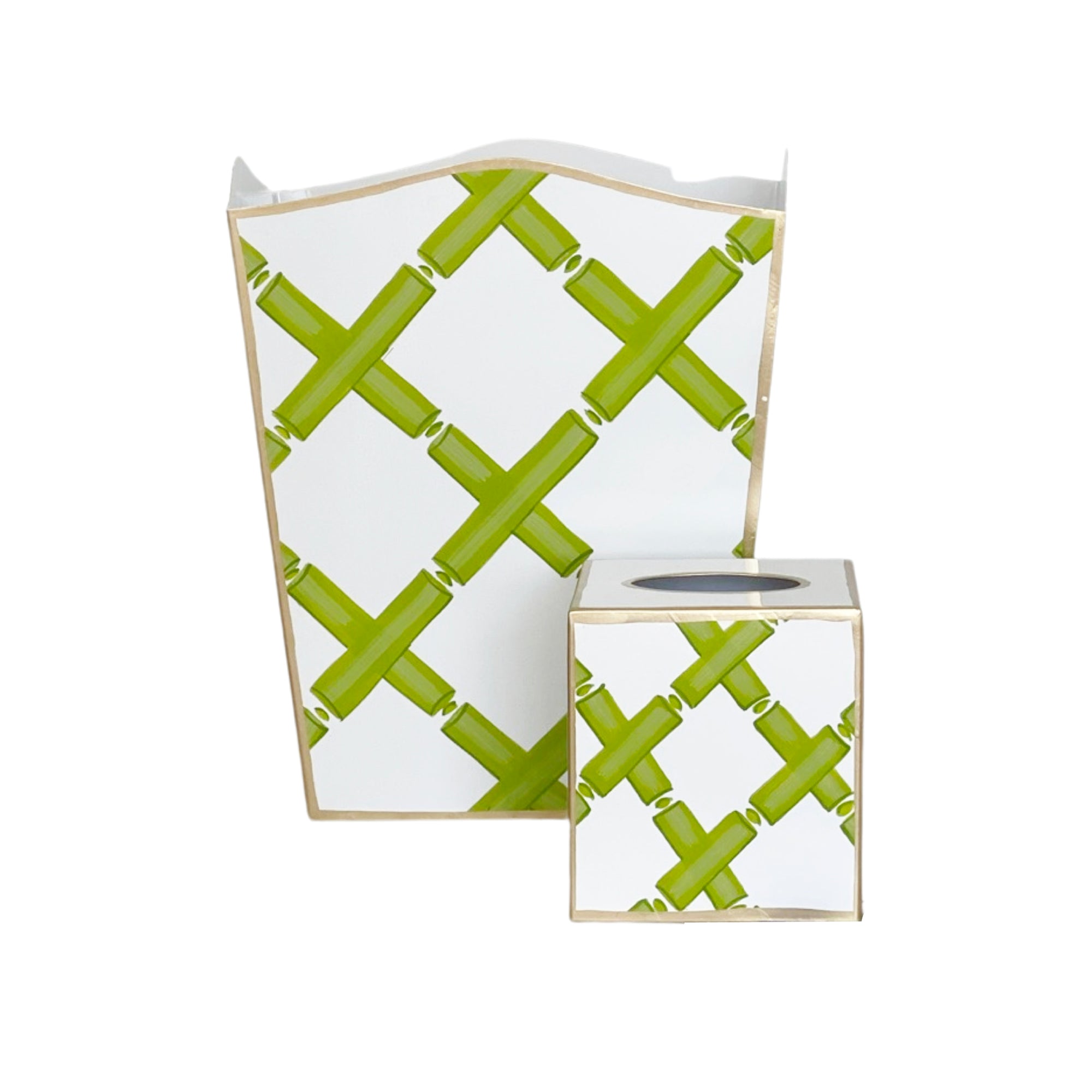 Bamboo Lattice in Green Wastebasket and Tissue Box