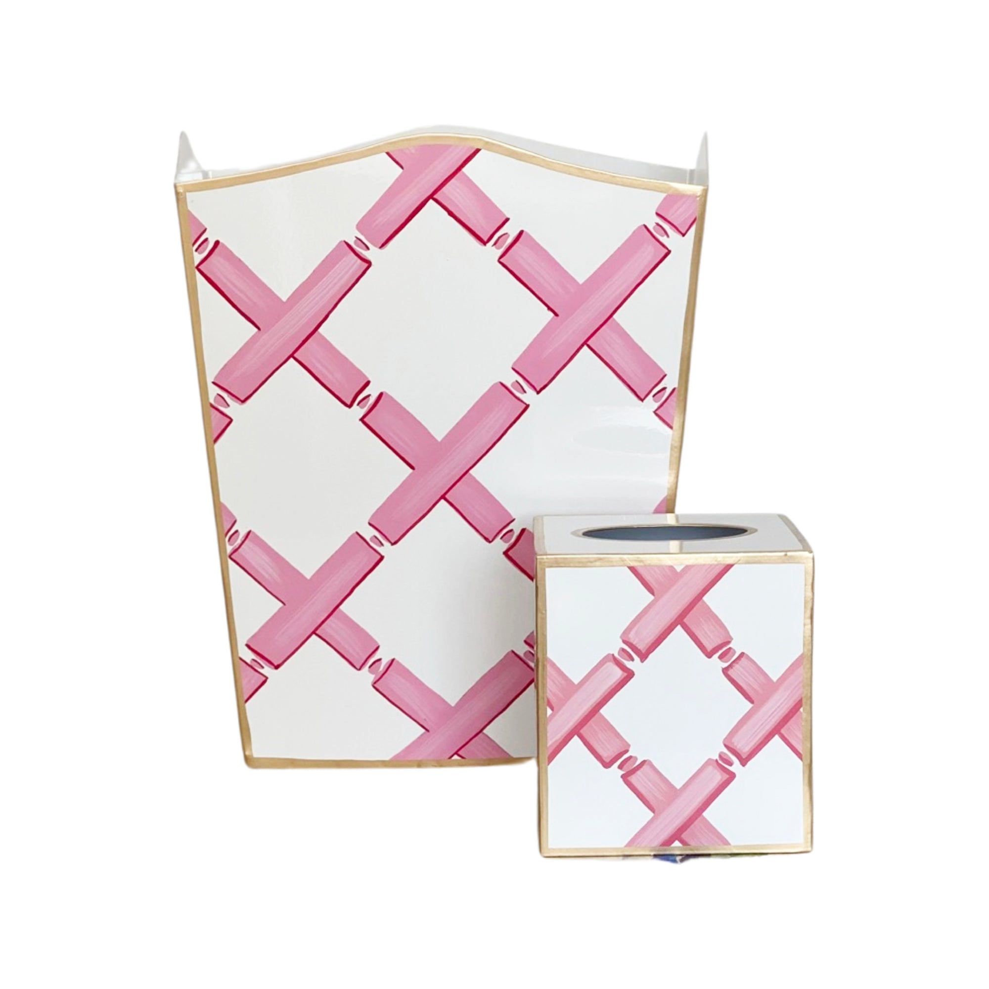 Pink Bamboo Lattice Wastebasket, Tissue Box