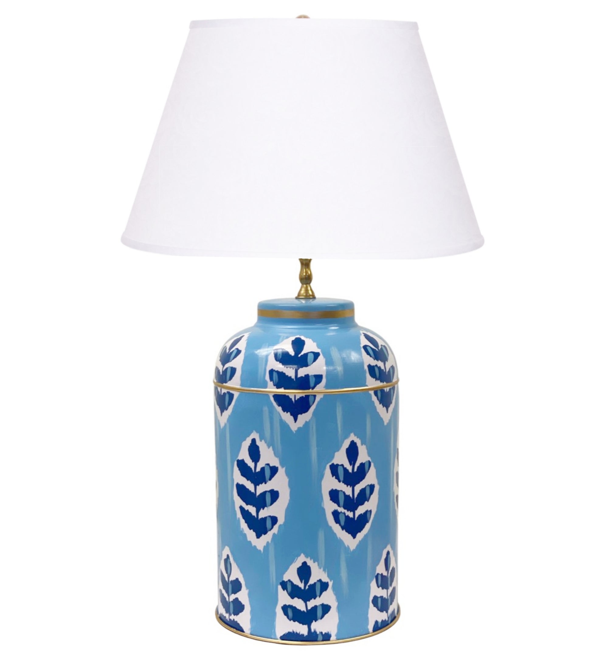 Dana Gibson Louvre Ikat Tea Caddy Lamp in Blue with White Linen Shade