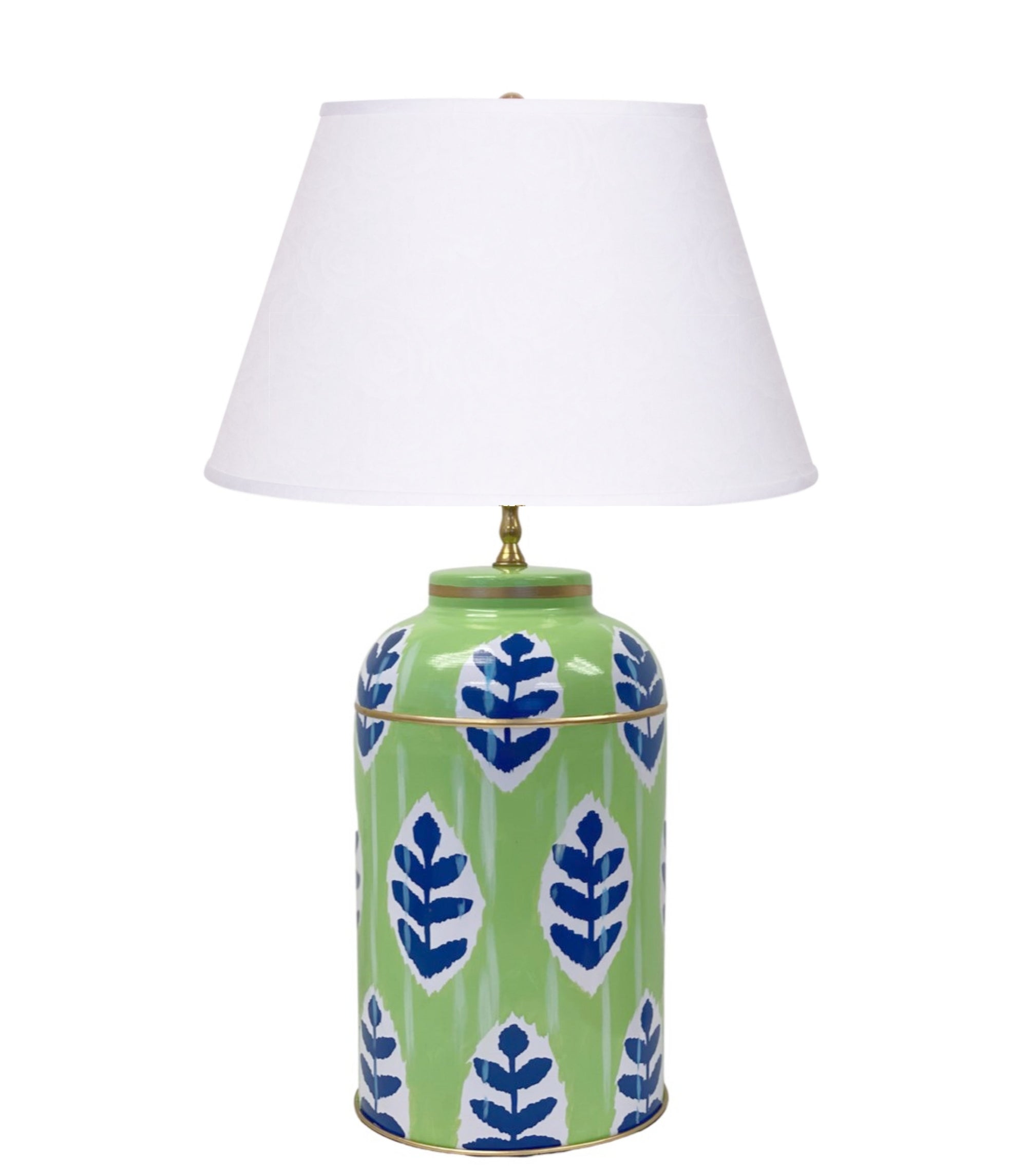 Dana Gibson Louvre Ikat Tea Caddy Lamp in Green with White Linen Shade, 2ndQ