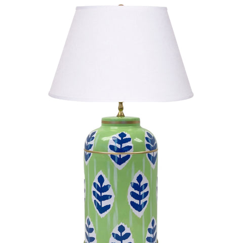 Dana Gibson Louvre Ikat Tea Caddy Lamp in Green with White Linen Shade