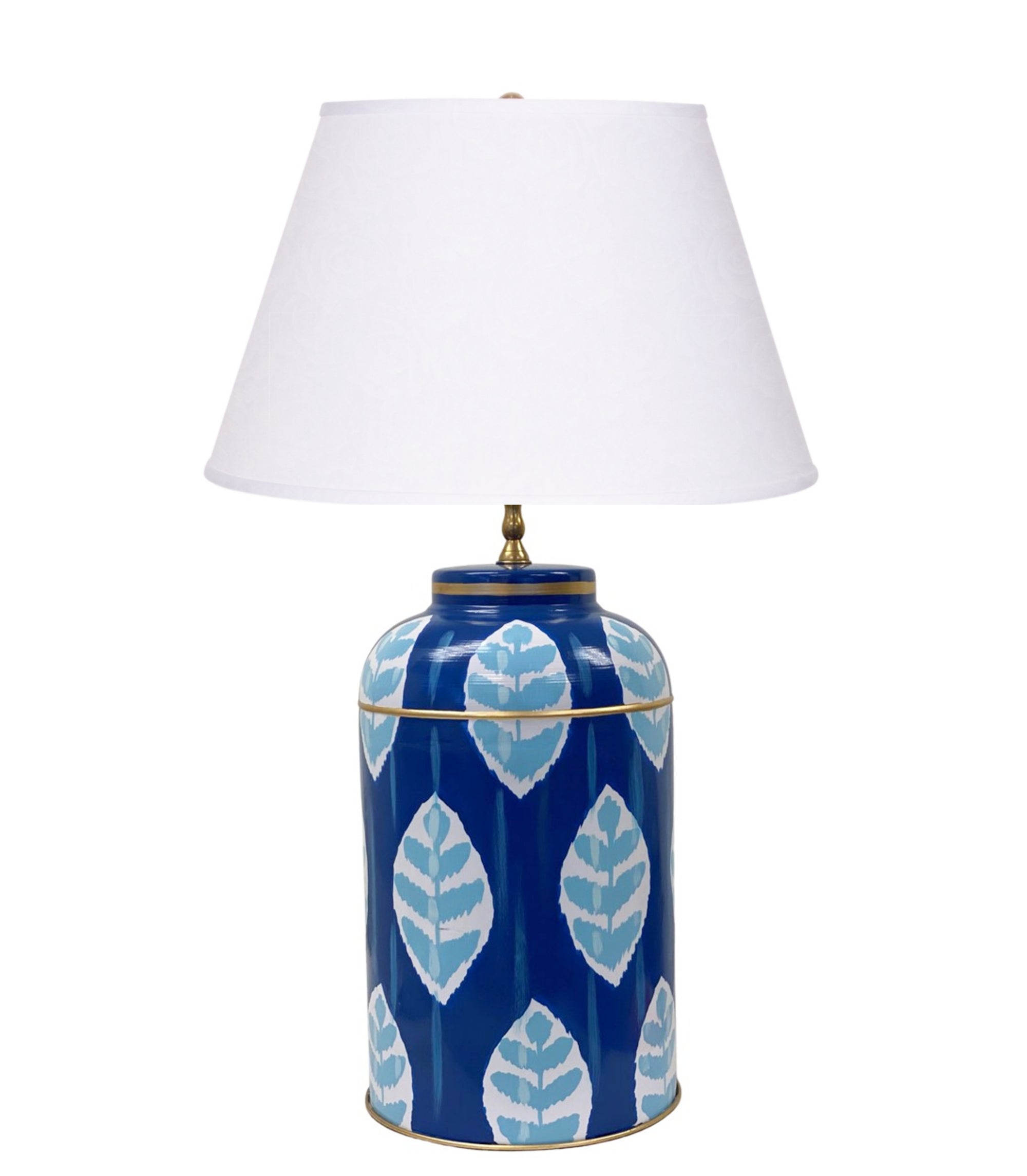 Dana Gibson Louvre Ikat Tea Caddy Lamp in Navy with White Linen Shade