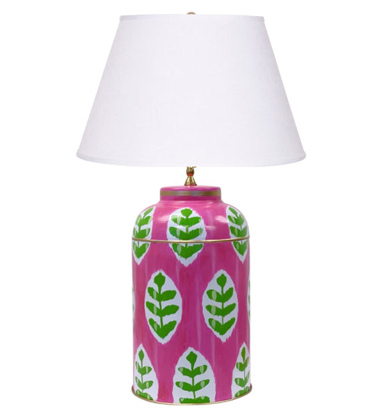 Dana Gibson Louvre Ikat Tea Caddy Lamp in Pink with White Linen Shade
