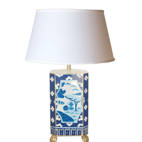 Dana Gibson Canton in Blue Lamp with White Shade, Small