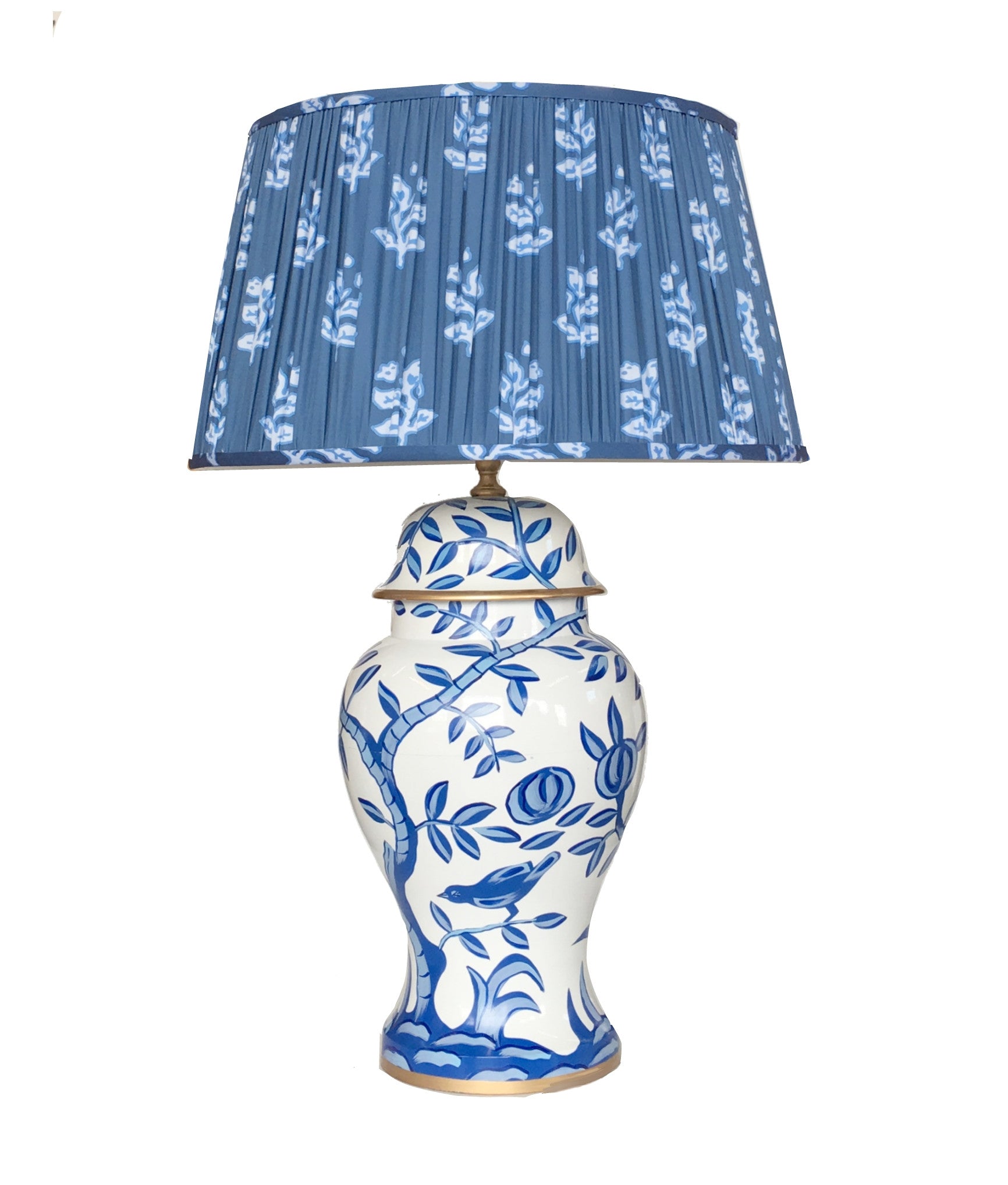 Dana Gibson Cliveden Blue Lamp with Custom Pleated Shade "Sprig"
