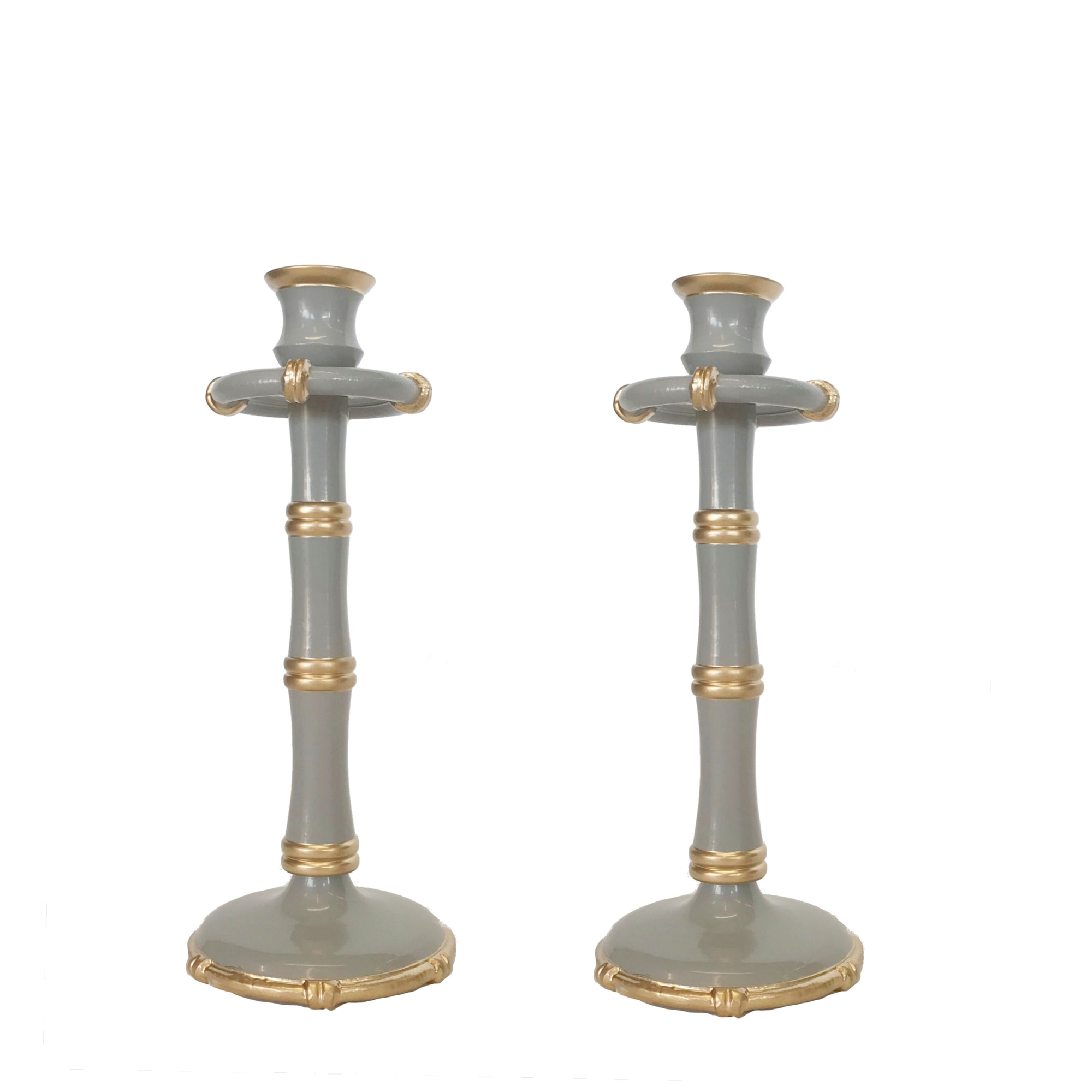 Pair of Tall Bamboo Candlesticks in Grey