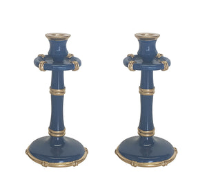 Pair of Tall Bamboo Candlesticks in Navy