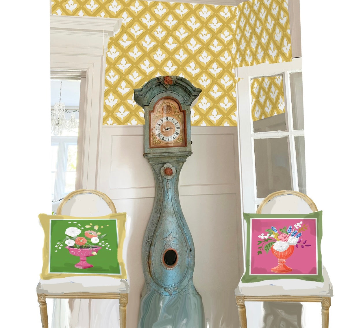 Dana Gibson Cora in Pink Urn Pillow on Green