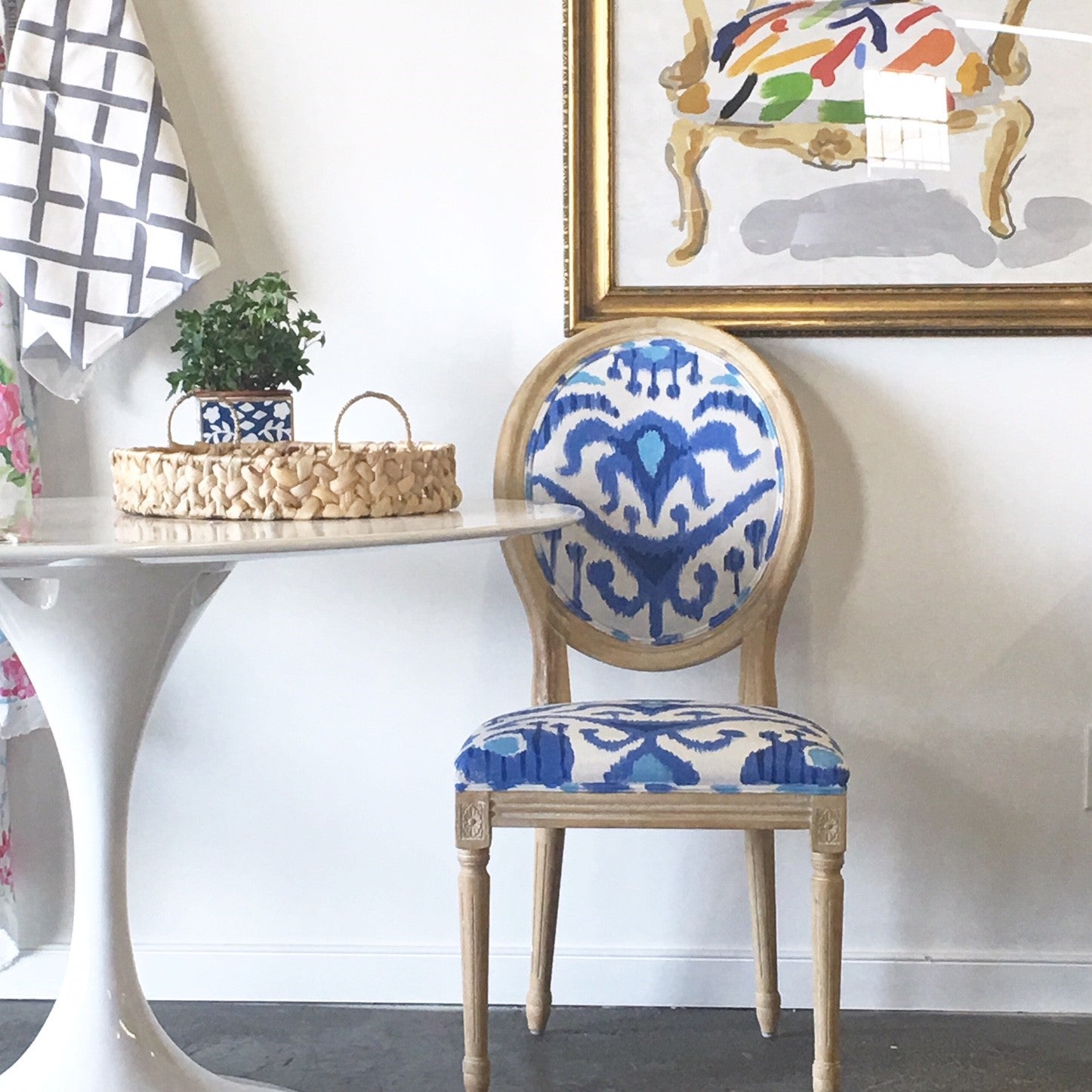 Blue Ikat Hand Painted Chair