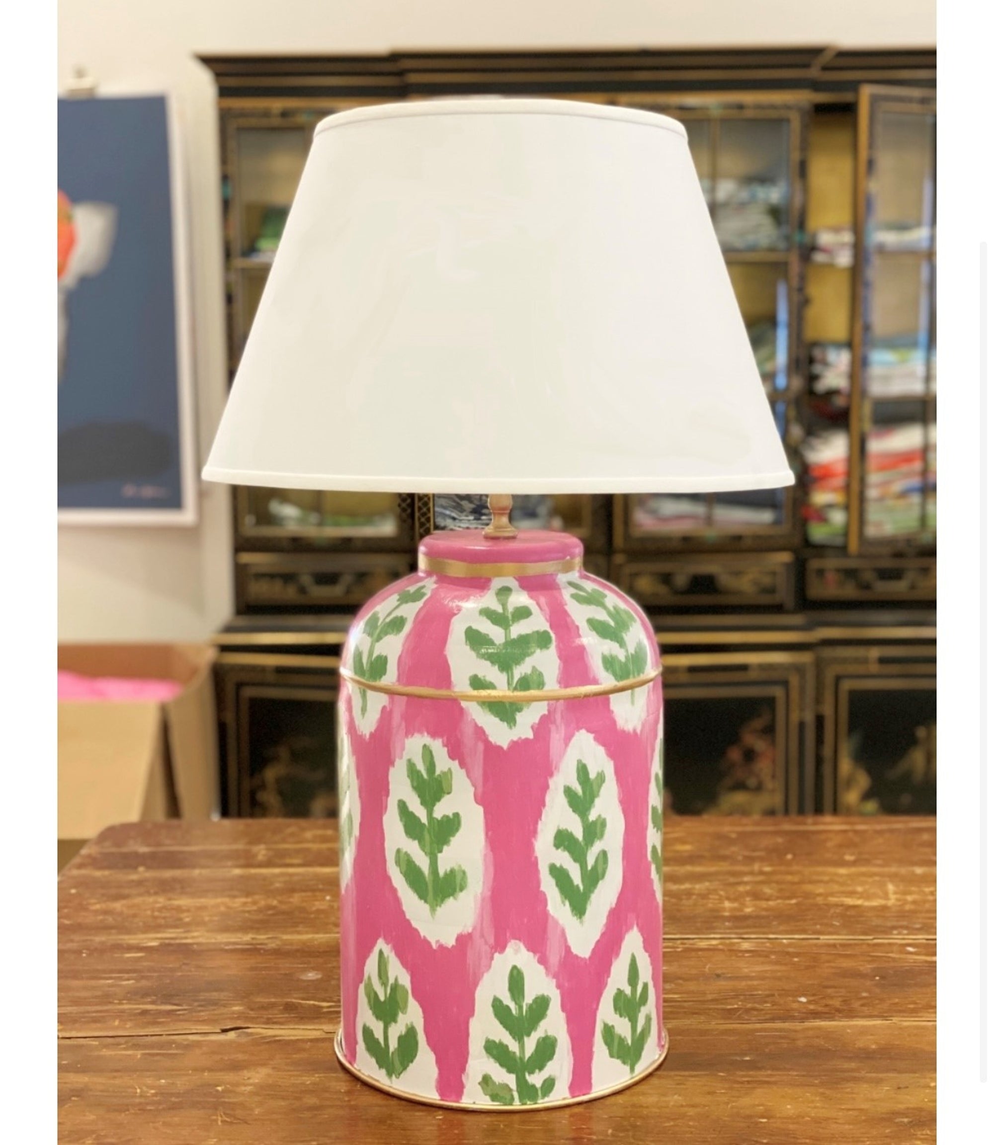 Dana Gibson Louvre Ikat Tea Caddy Lamp in Pink with White Linen Shade 2ndQ