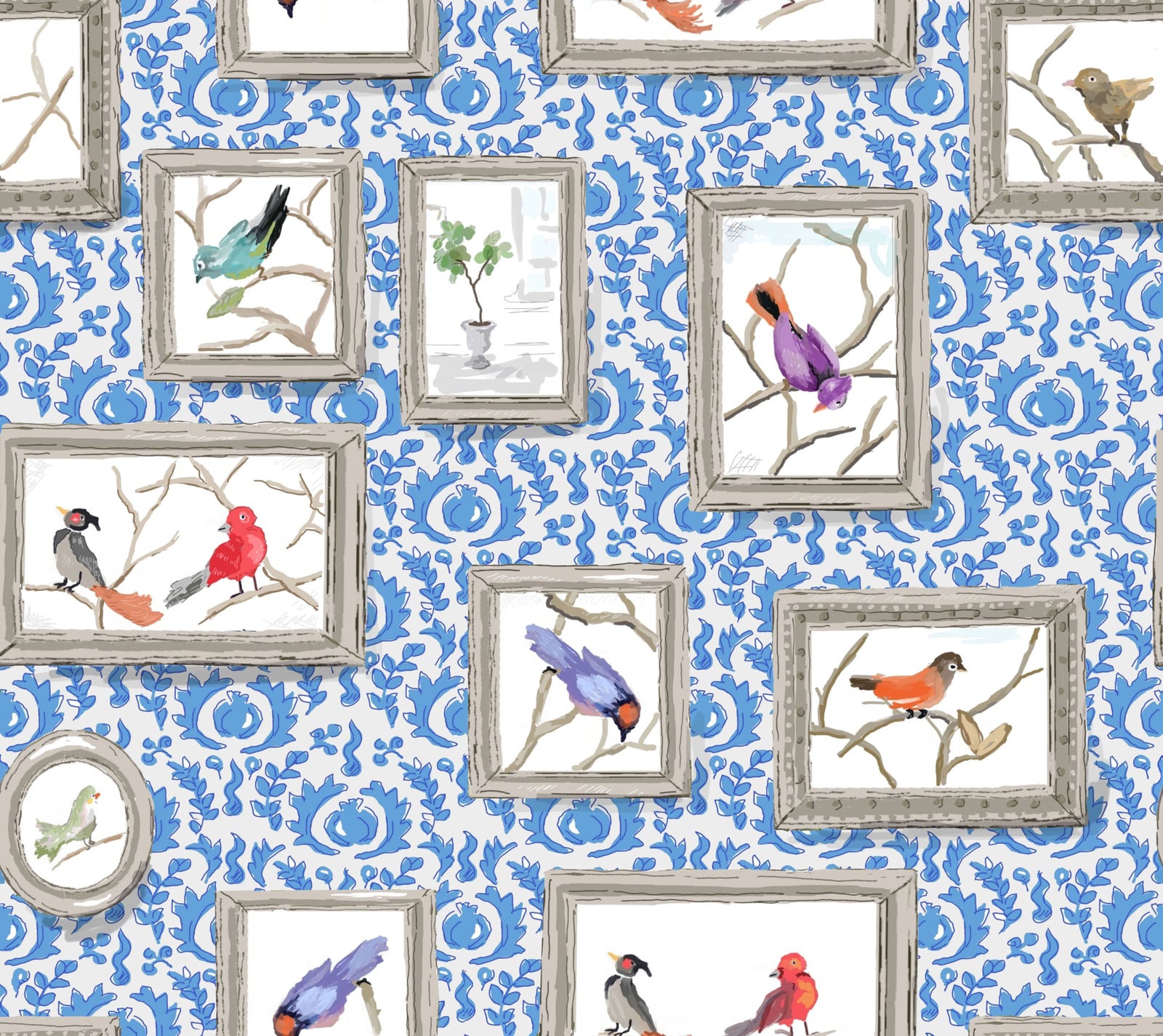 Dana Gibson Grackle in Blue, Wallcovering