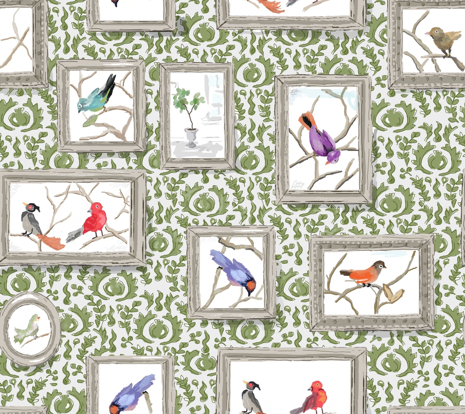 Dana Gibson Grackle in Green, Wallcovering