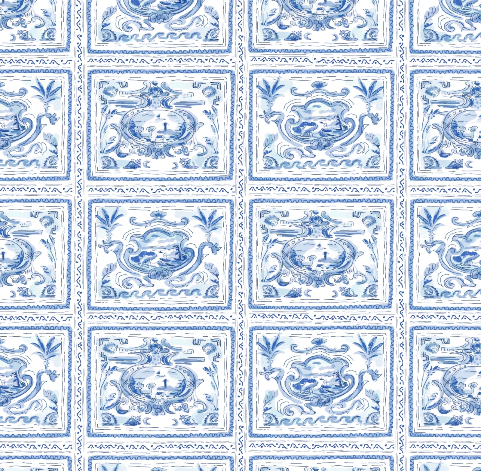 Pliny Toile in Blue, Wallpaper and Fabric