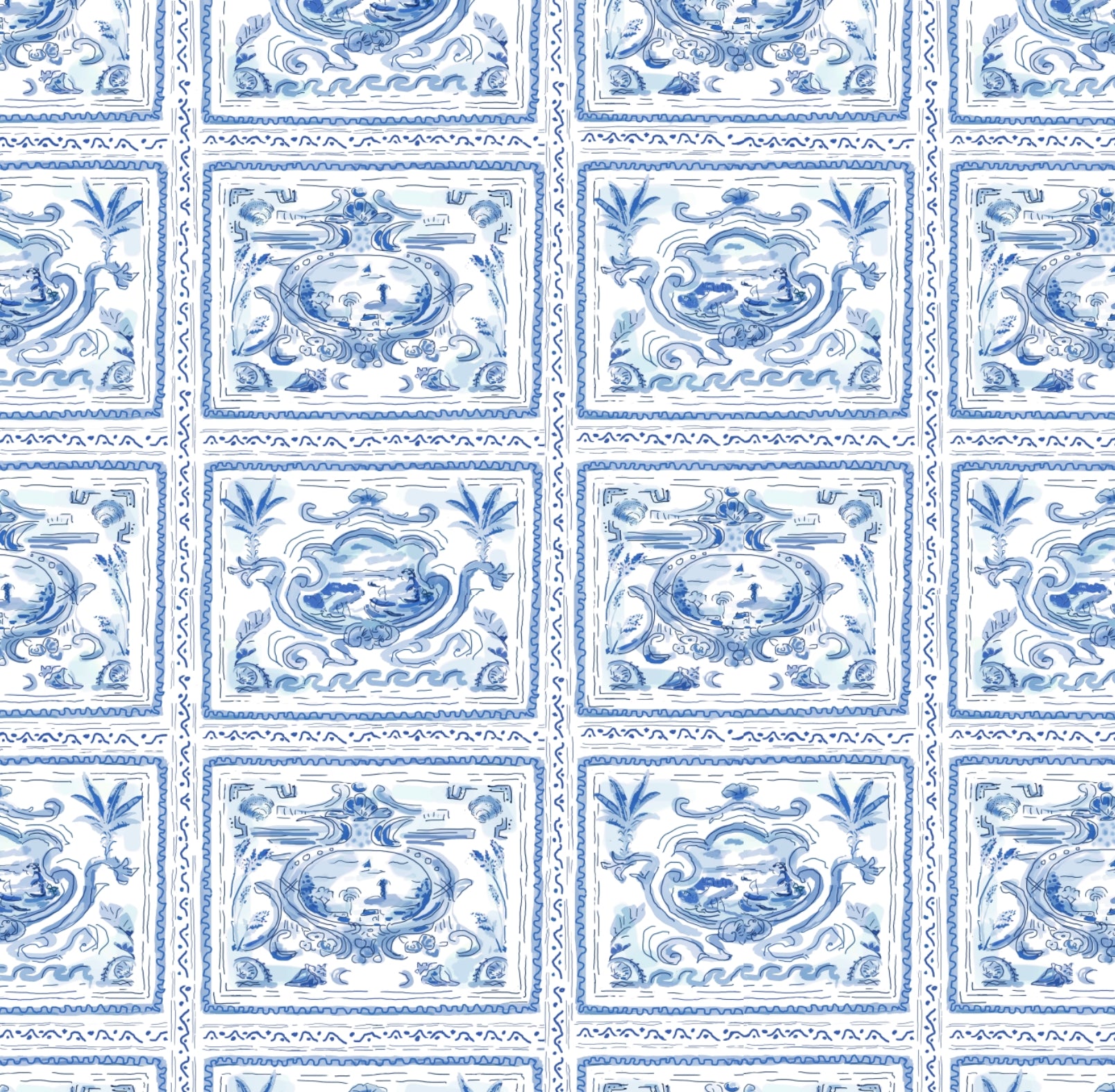 Pliny Toile in Blue, Wall Paper and Fabric