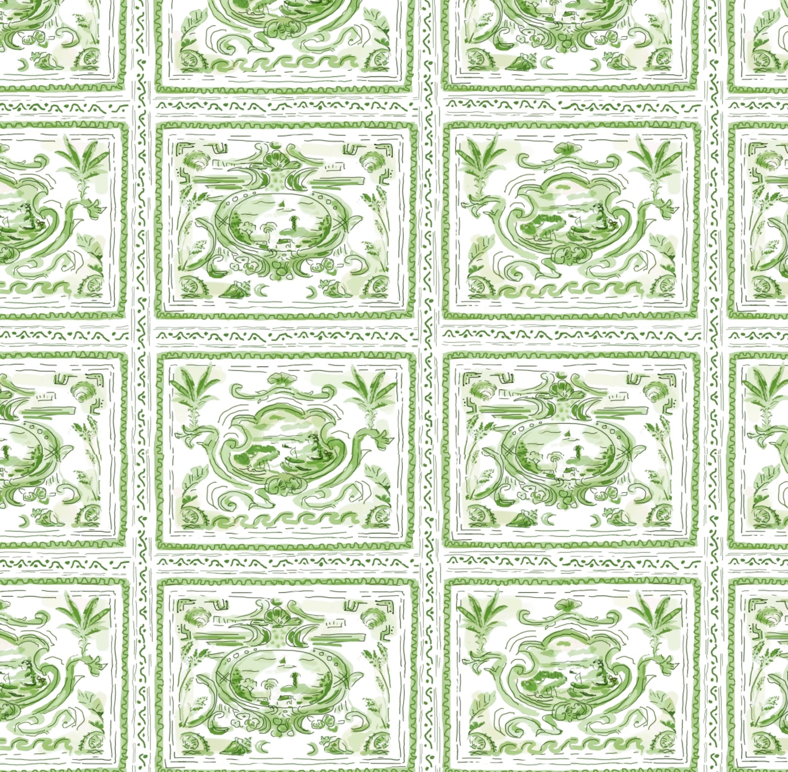 Pliny Toile in Green, Wallpaper and Fabric